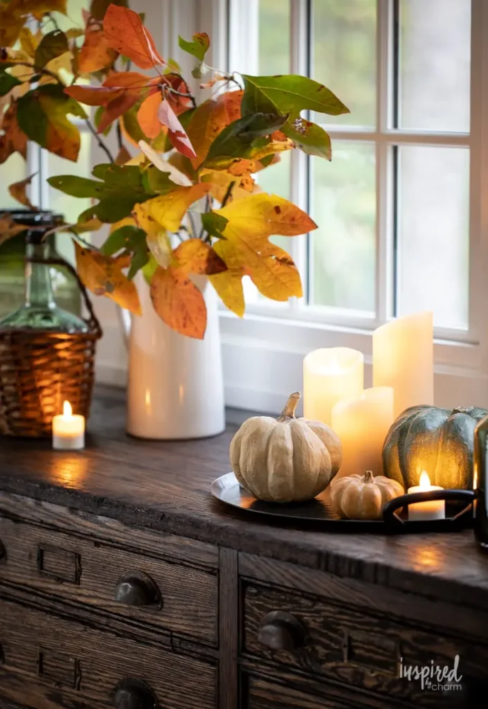 Rustic fall decor idea with autumn branches, heirloom pumpkins, and candlelight on a wood sideboard